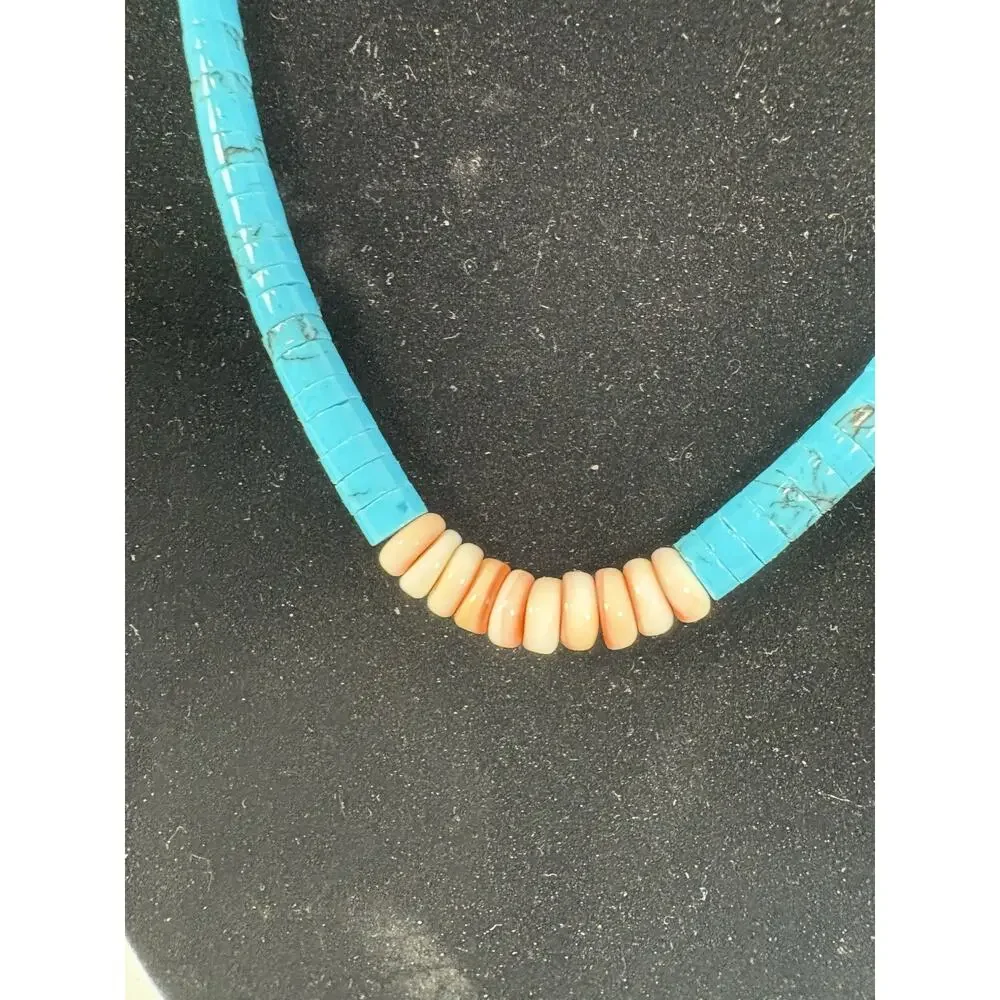 Block Turquoise and Coral Graduated Heishi Necklace, Bracelets And Earrings Set - Picture 6 of 15
